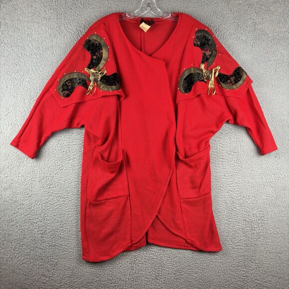 Vintage 90’s Vis-a-Vis Wrap Tunic Women’s Small Red Shoulder Pads Retro Style - Picture 1 of 12